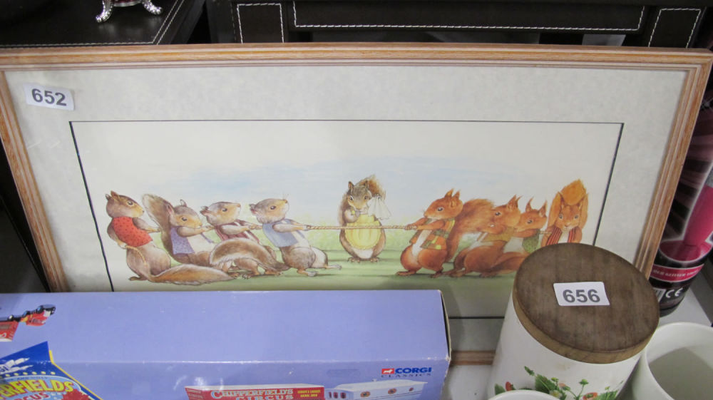 Lot 652: Framed and glazed squirrel tug of war