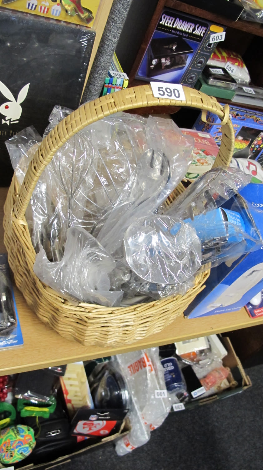 Lot 590: Basket of new stainless and chromed kitchen utensils