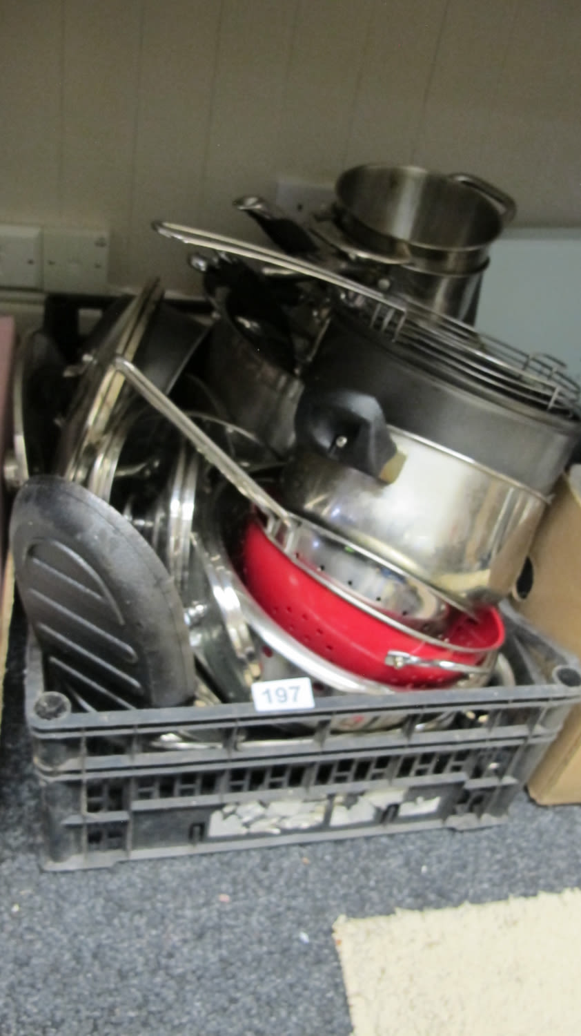 Lot 197: Box of misc quality stainless steel pan sets...