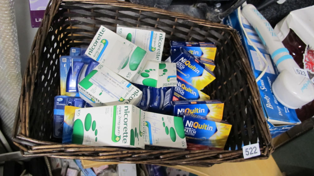 Lot 522: Nice basket full of smoking cessation patches and...