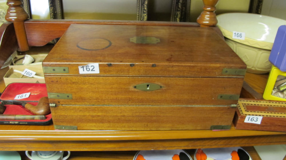 Lot 162: Brass bound campaign writing box with large side...