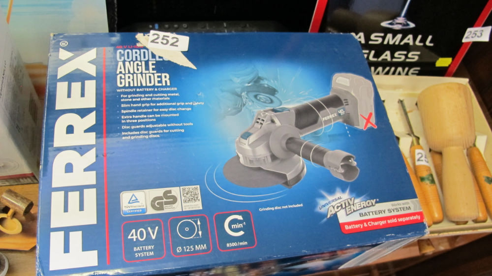 Lot 252: Boxed Ferrex cordless angle grinder