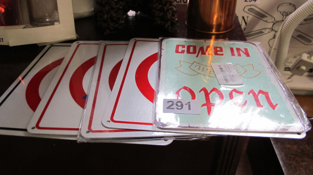 Lot 291: Metal "Open" sign, and others relating to litter...