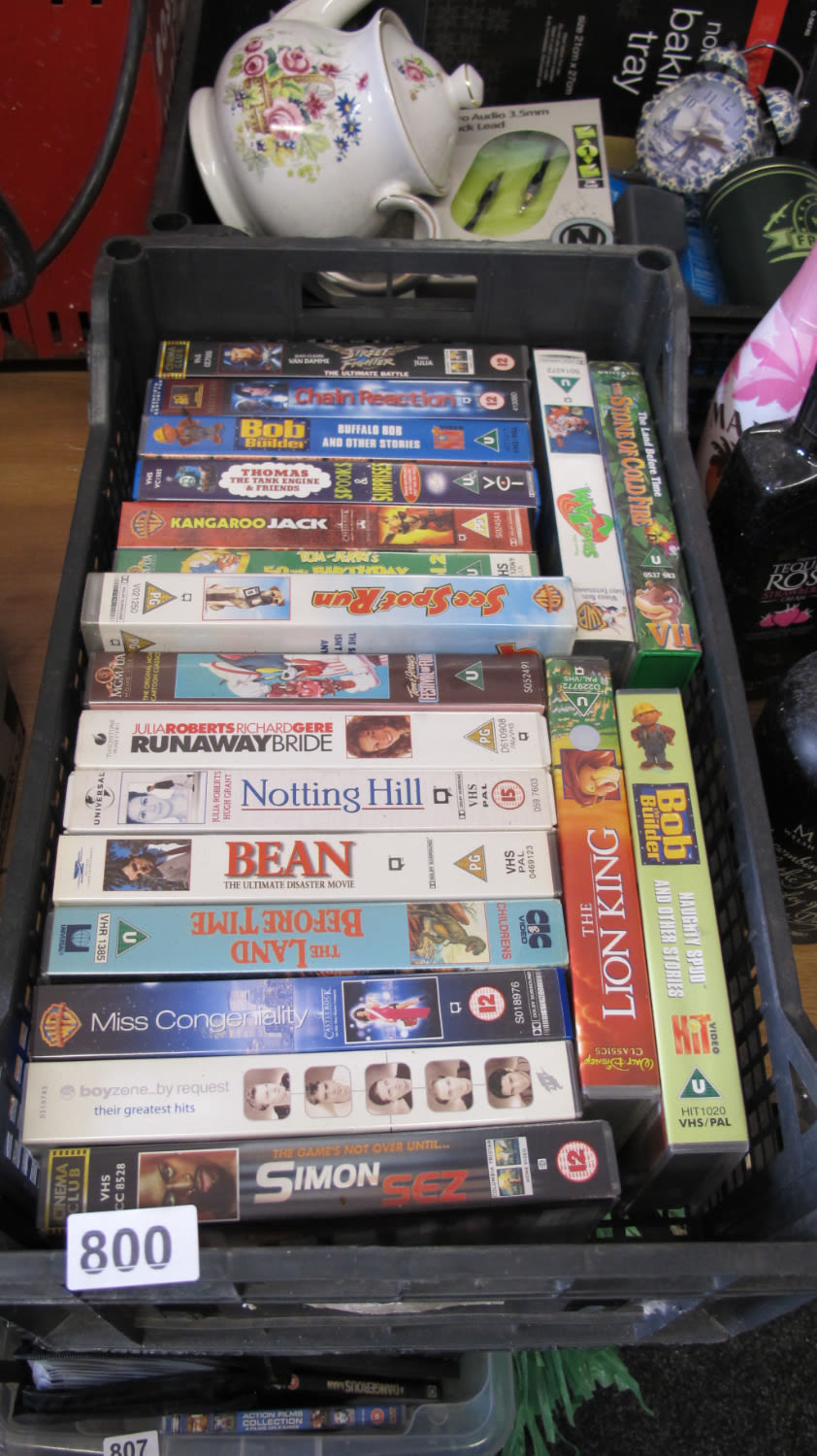 Lot 800: A box of VHS tapes