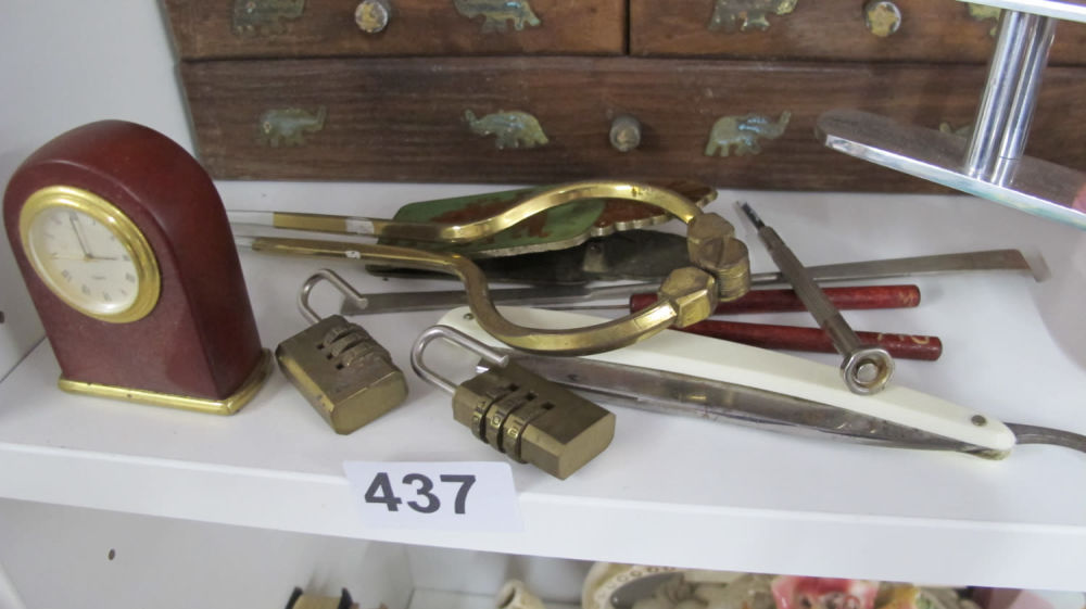 Lot 437: Cut throat razor, padlocks etc