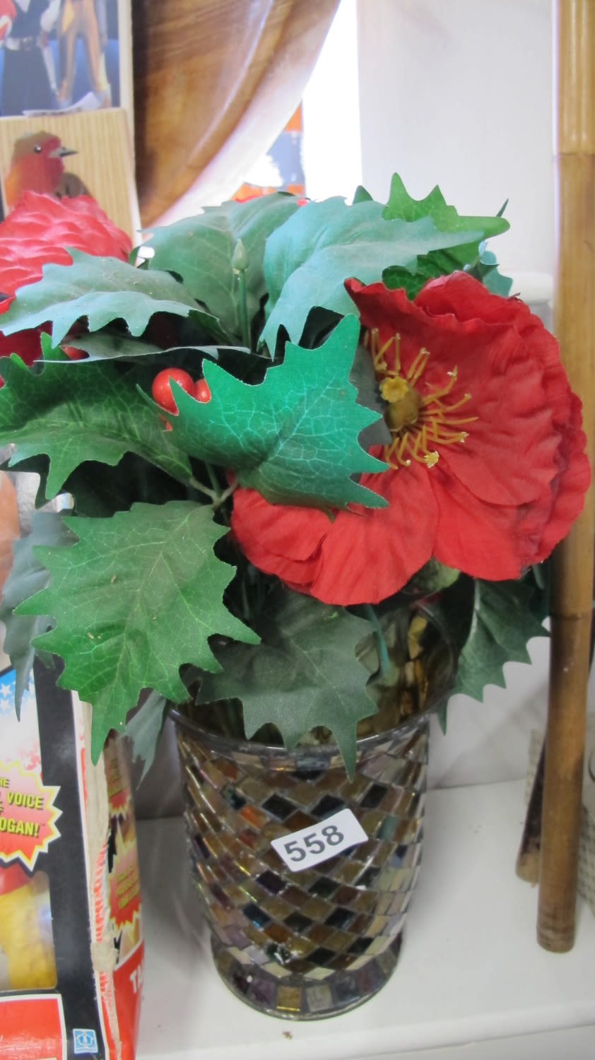 Lot 558: Beautiful mosaic glass vase with faux Xmas flowers