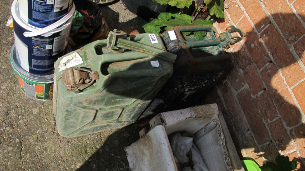 Lot 630: Metal Gerry can x 2 and one nozzle