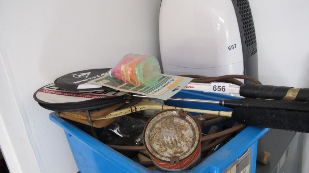 Lot 656: Box of Misc of items inc tennis racket