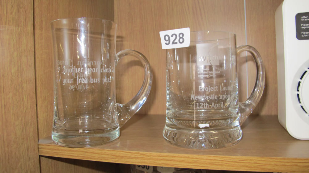 Lot 928: 2 commemorative glass tankards