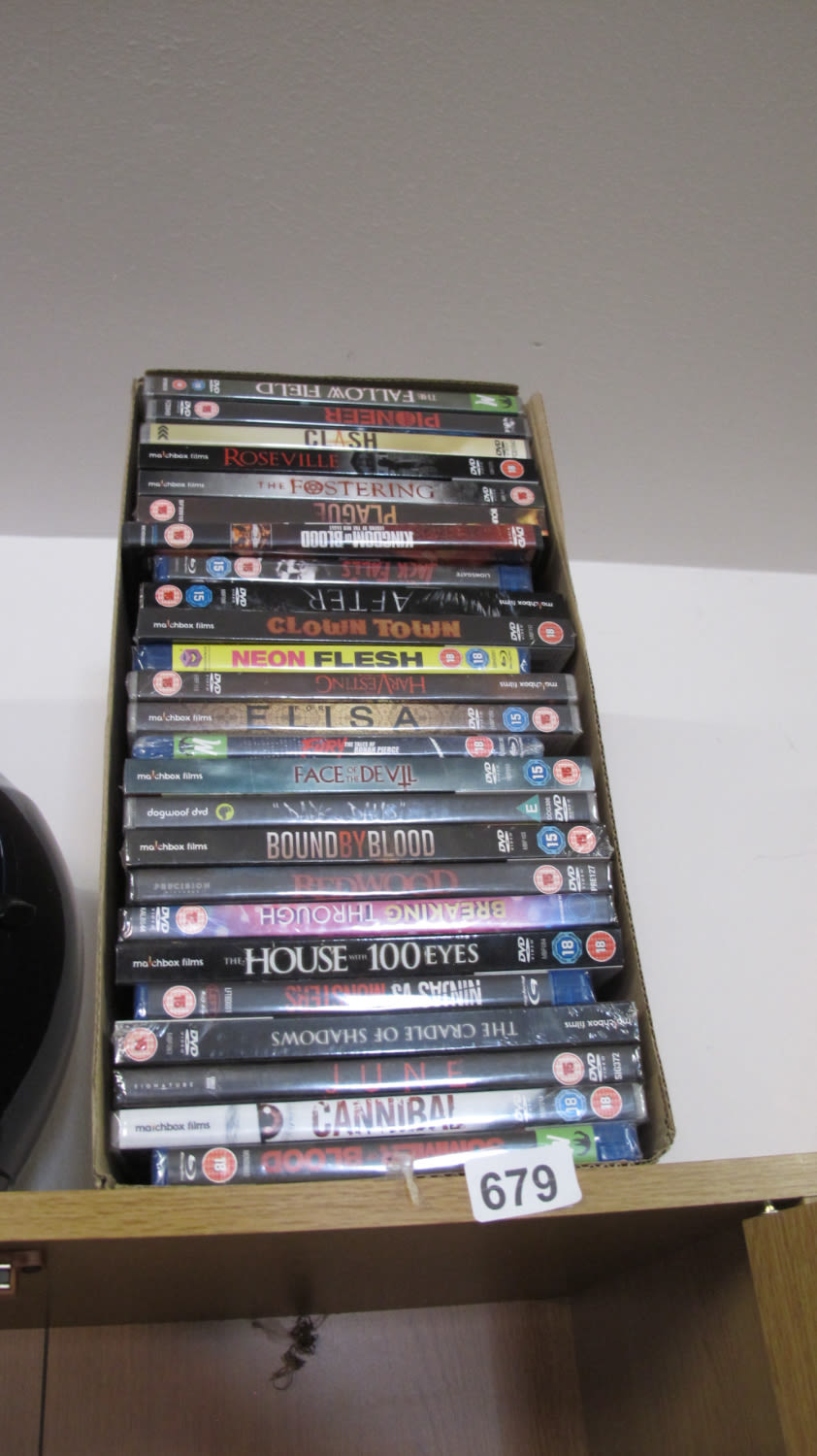 Lot 679: Box of new DVDs