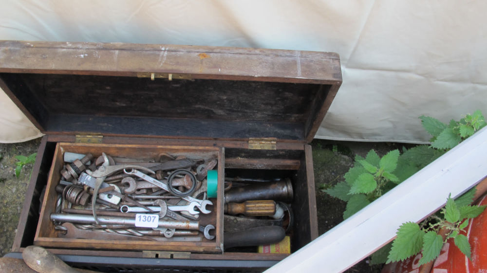 Lot 1307: wooden tool box and contents