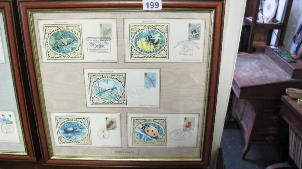 Lot 199: Framed and glazed British Insects stamps framed by...