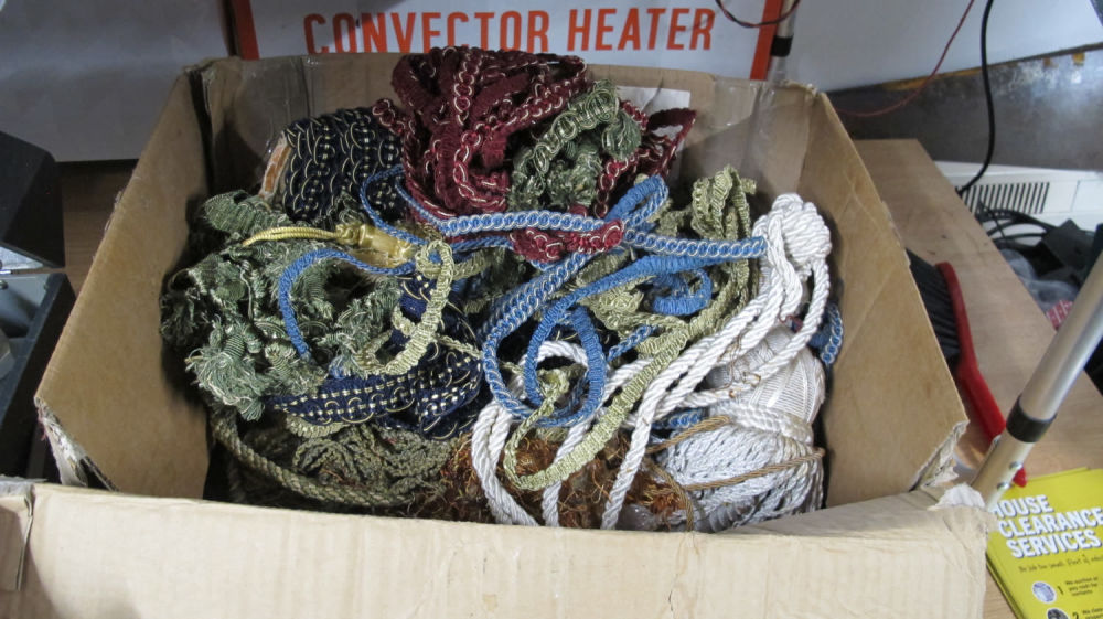 Lot 914: Misc box of curtain tie backs and upholstery...