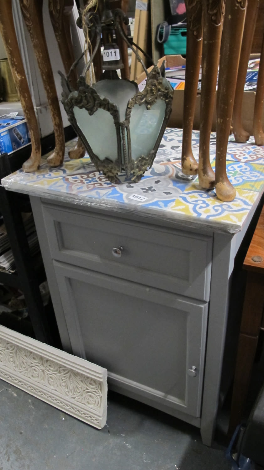 Lot 1012: Grey bedside chest with beautiful Moroccan tile detail...