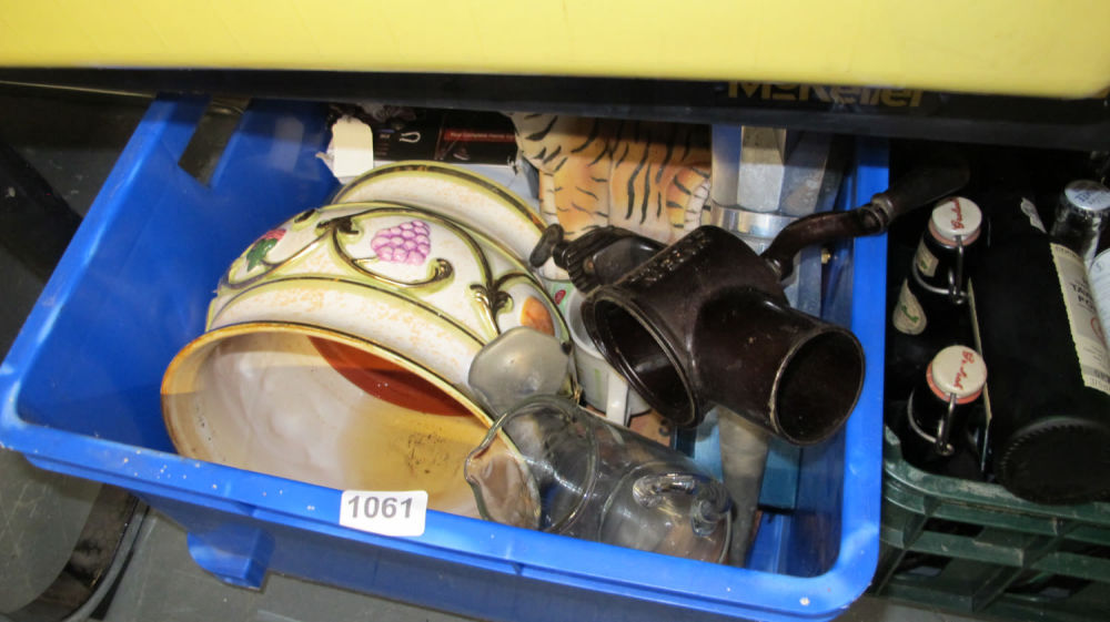 Lot 1061: Box of misc including a metal meat grinder