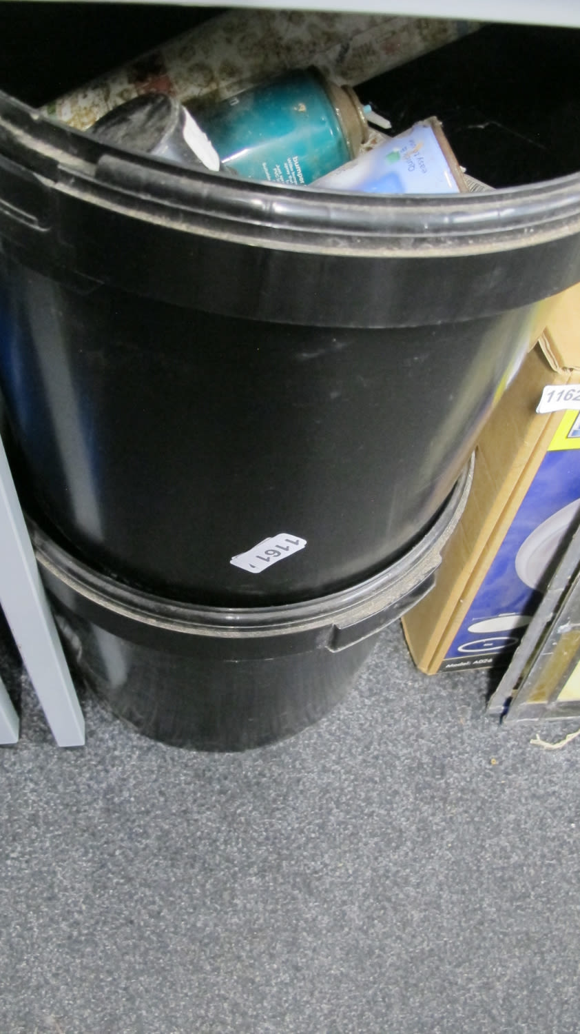 Lot 1161: tubs of builders accessories including tools, tiles and...