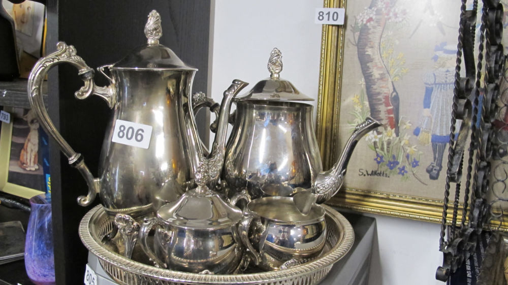 Lot 806: Silver plated tea set and galleried tray