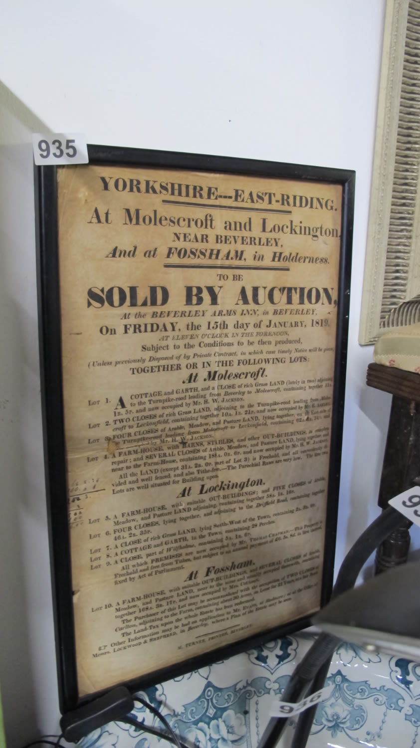 Lot 935: Original framed Georgian antique auction advertising poster