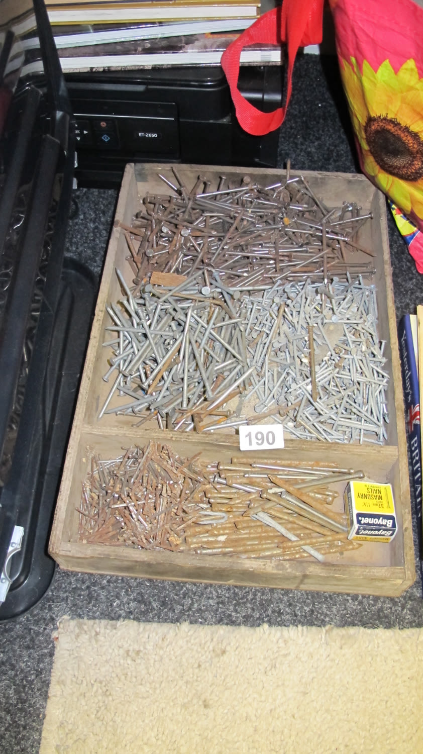 Lot 190: Vintage wooden tray of nails