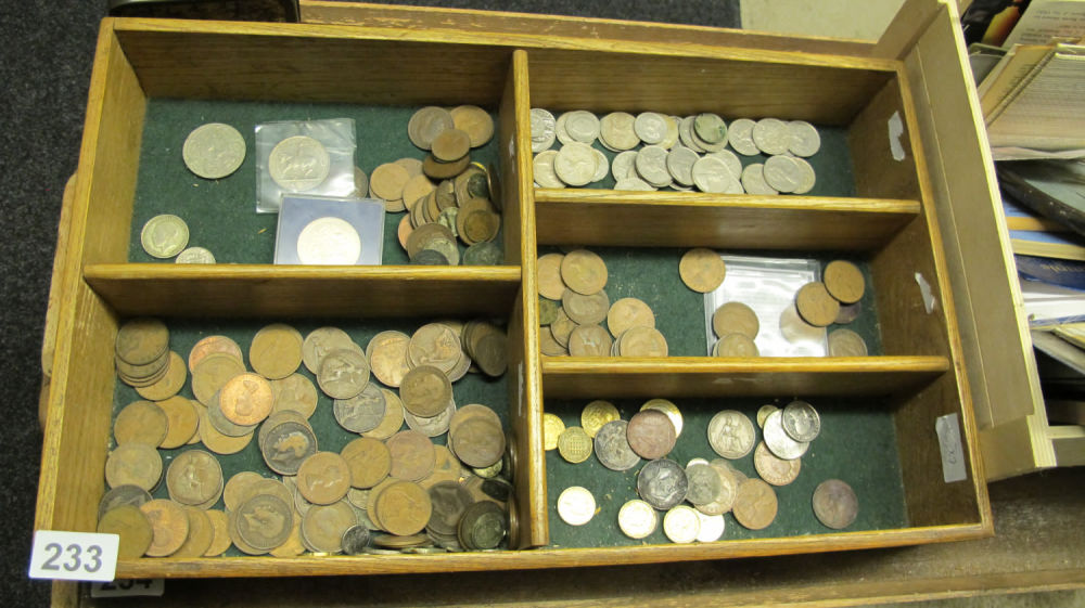 Lot 233: A collection of coins In a vintage wooden...