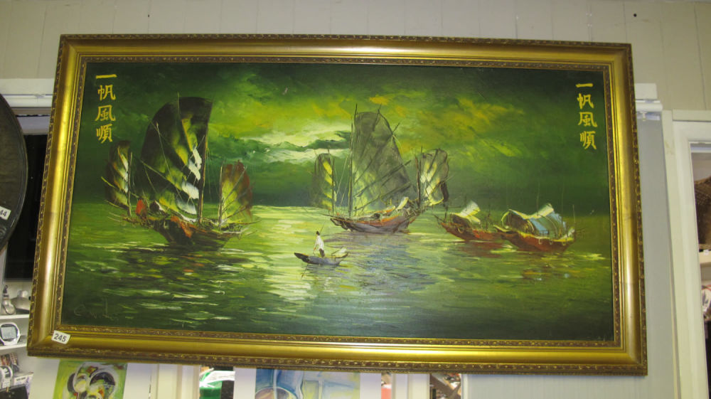 Lot 245: Antique oil on canvas Framed Chinese Nautical picture
