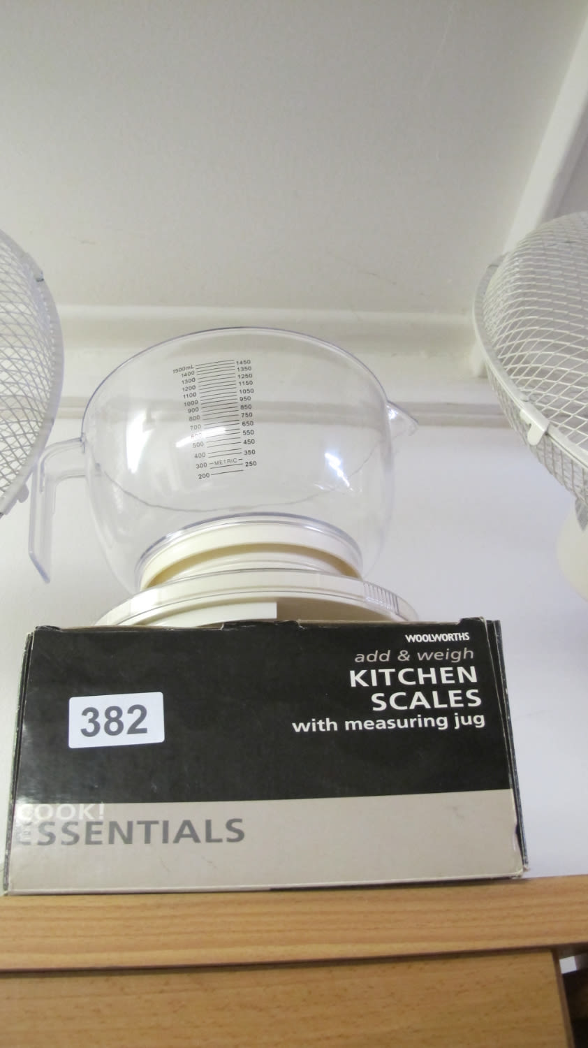 Lot 382: kitchen scales and measuring jug
