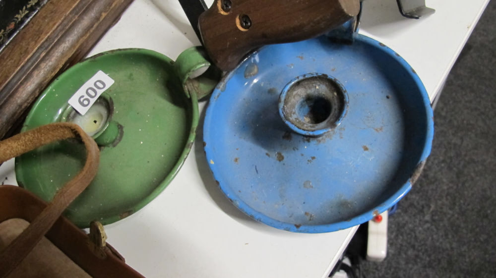 Lot 600: 2 enamel nightlight candle holders