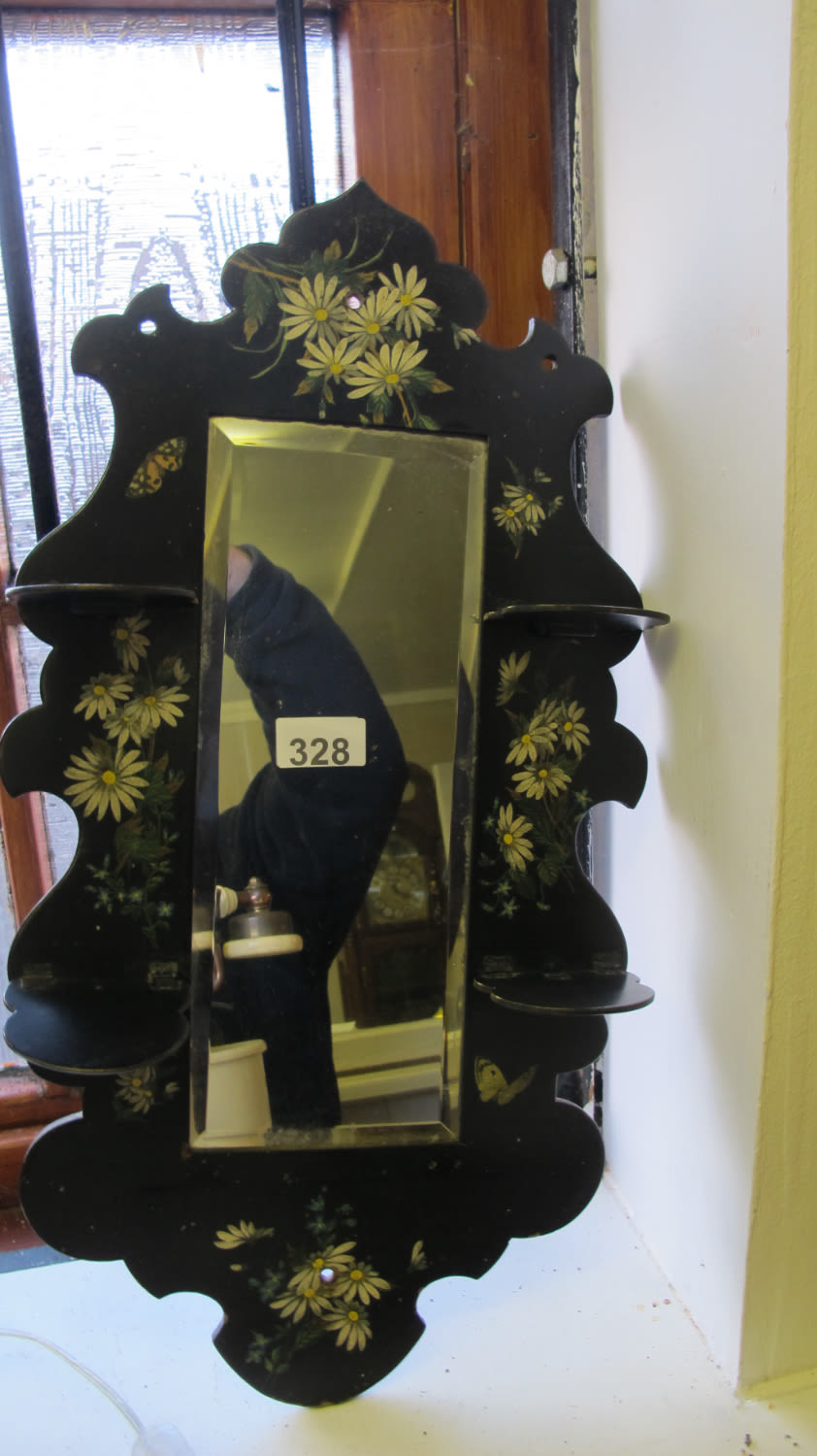 Lot 328: Ebonised hand painted display shelves with bevel edged...