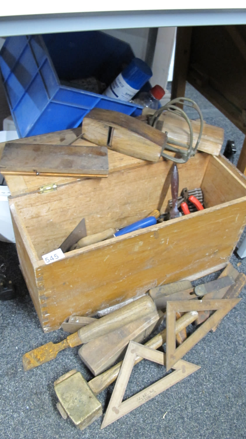 Lot 545: Wooden box of tools etc.