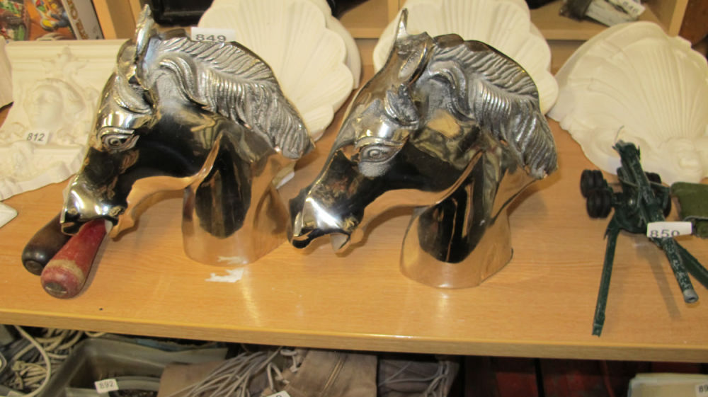 Lot 849: 2 polished cast aluminium horses heads approx 12...