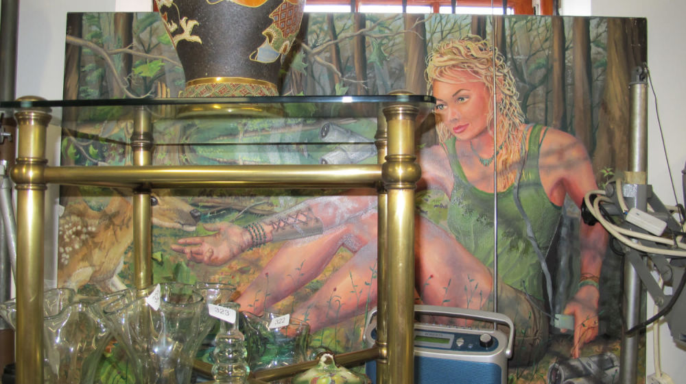 Lot 318: Large acrylic on canvas of a blonde with...