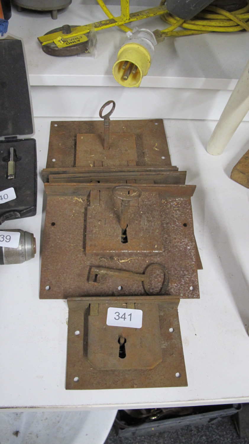 Lot 341: Large antique locks with keys