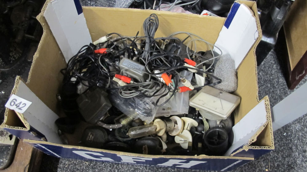 Lot 642: Box of misc electronics vintage buttons and knobs...