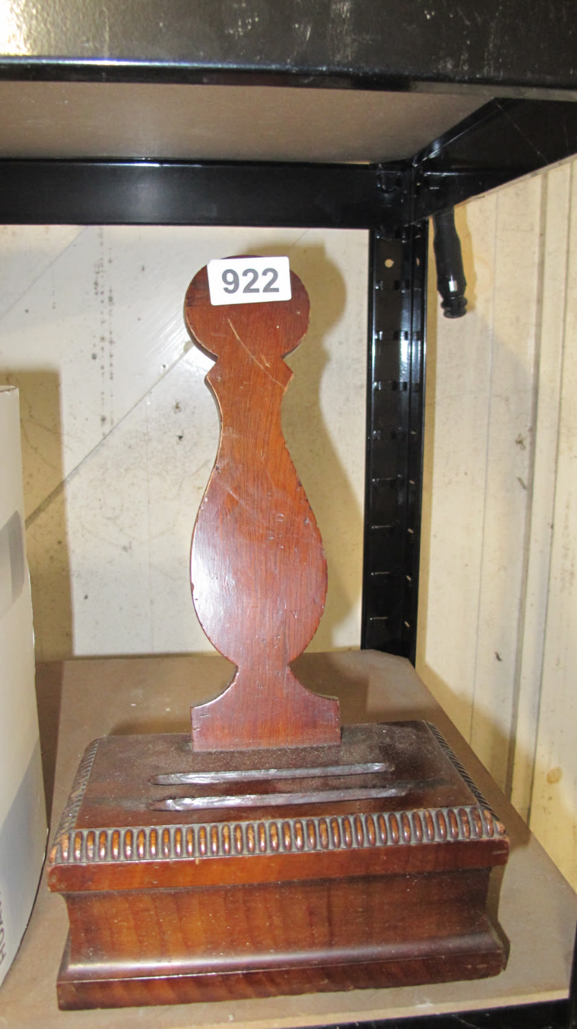 Lot 922: Judges wooden wig and hammer holder. Silence!
