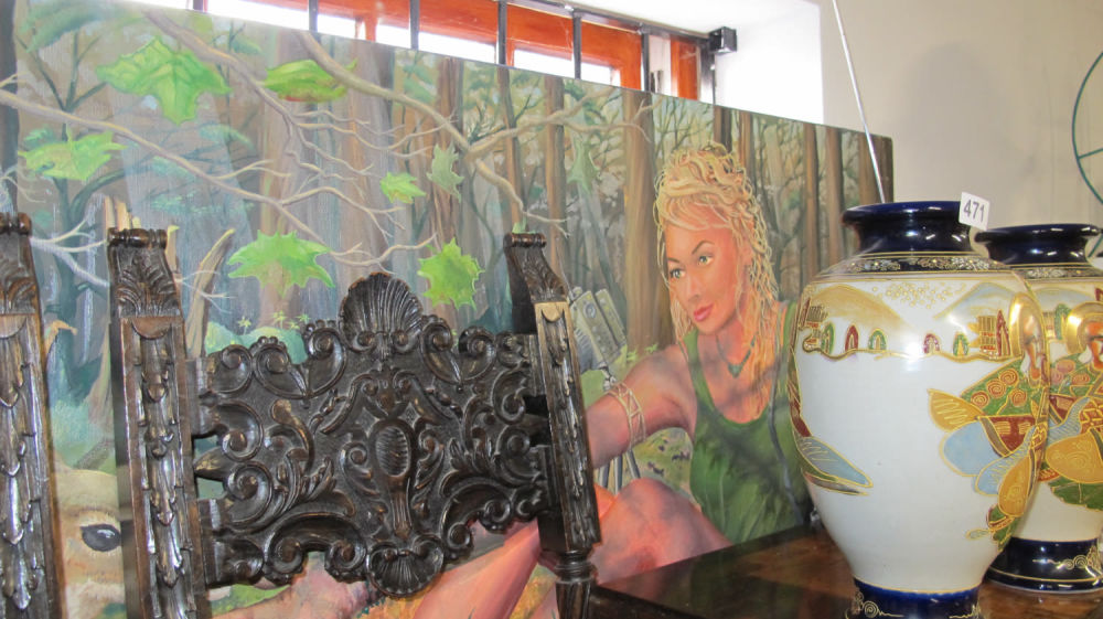 Lot 470: Large painting of a burd eyeing up her...