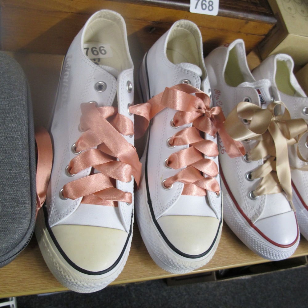 Lot 766: Wedding plimsolls, Converse  size 6