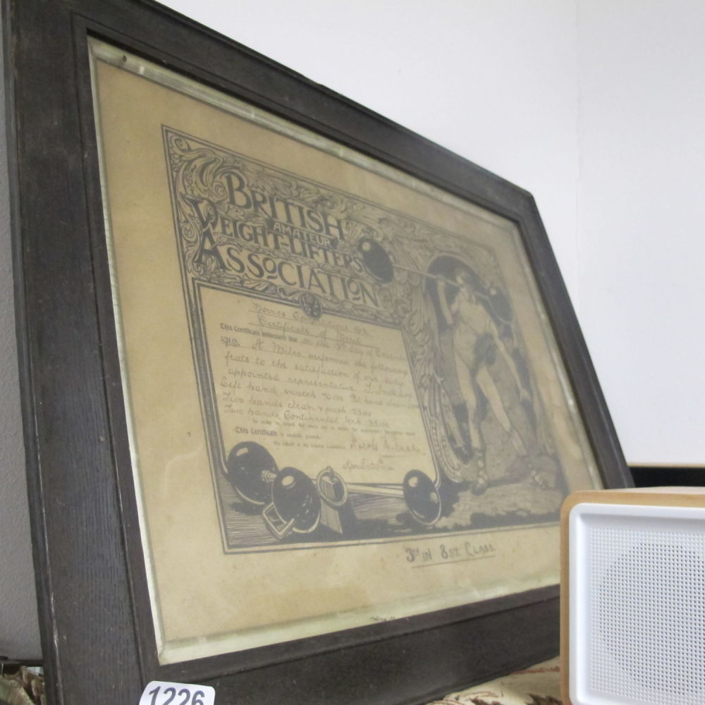 Lot 1226: Framed vintage certificate