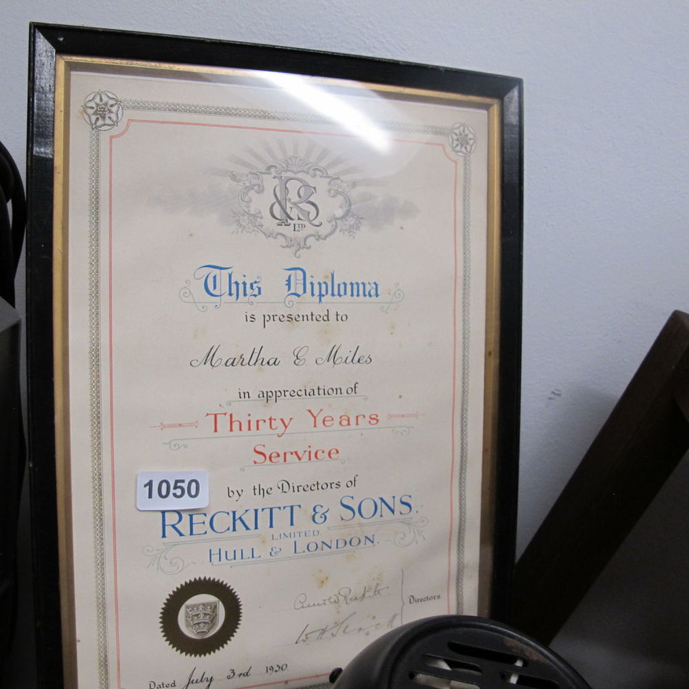 Lot 1050: Framed 30 years service Diploma from Reckitt &...