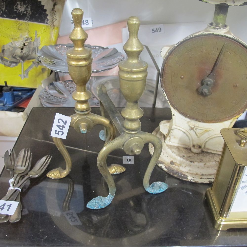 Lot 542: Brass dog legs stands fire side