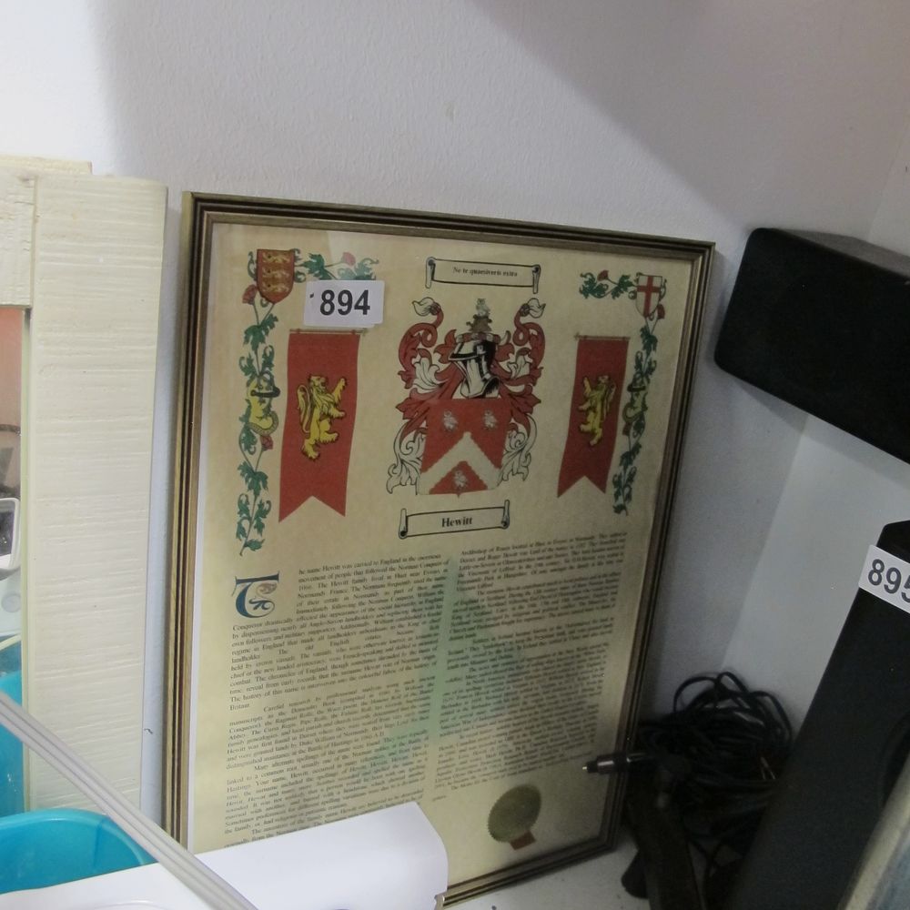 Lot 894: framed and glazed Hewitt family crest