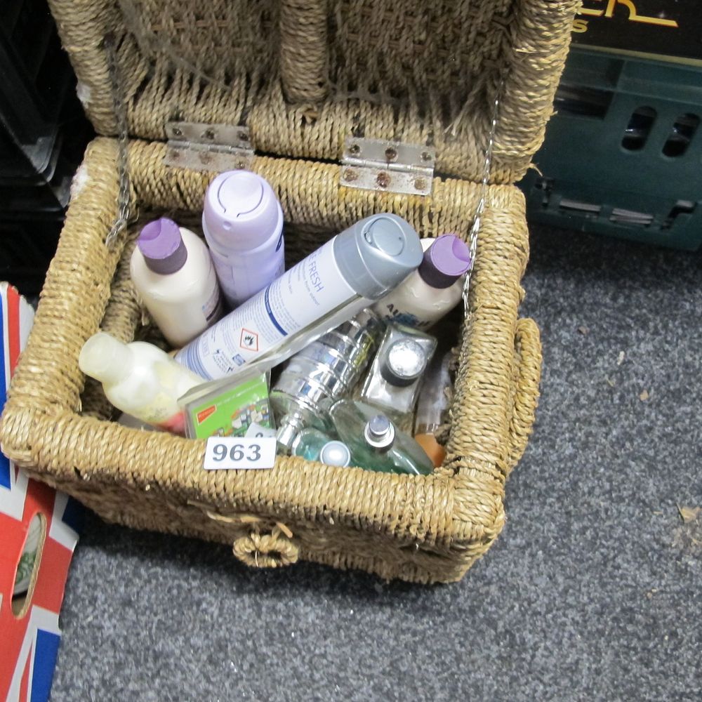 Lot 963: wicker box of misc toiletries