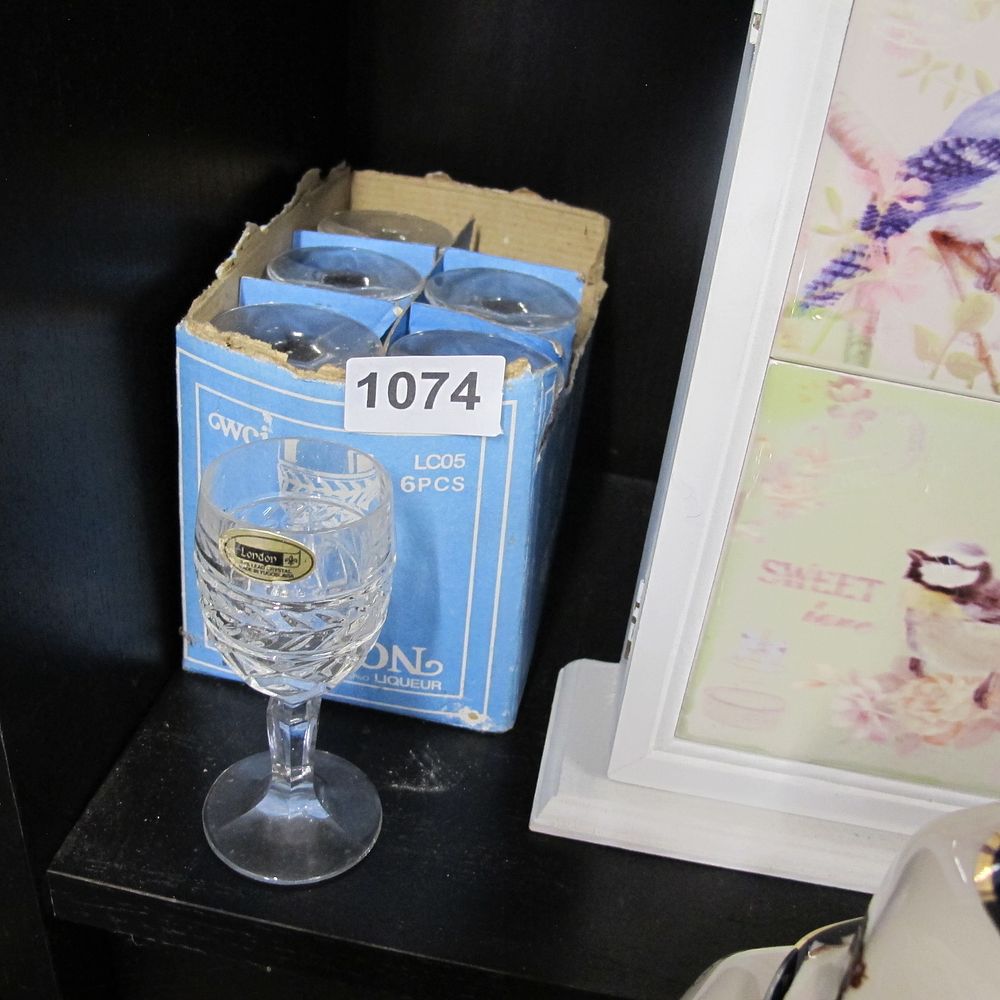 Lot 1074: Boxed London crystal liqueur glasses  