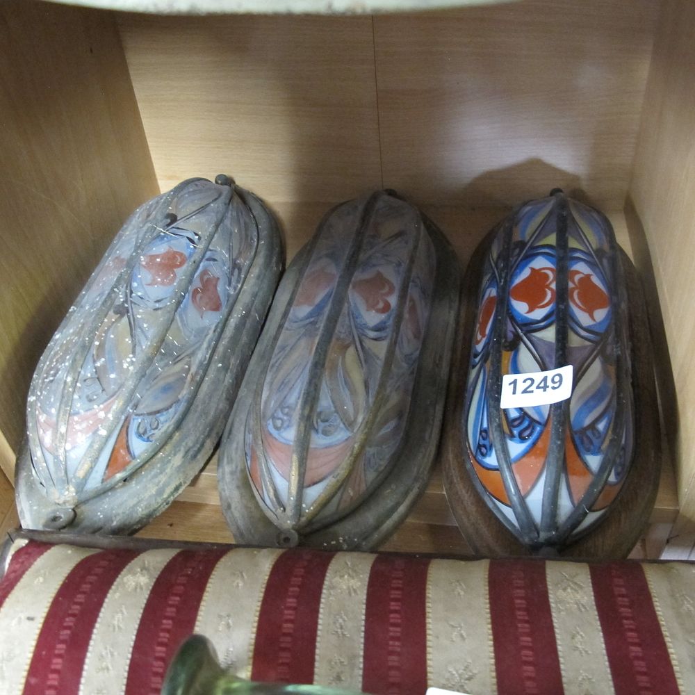 Lot 1249: Three antique wall hanging light diffusers. AF: One...