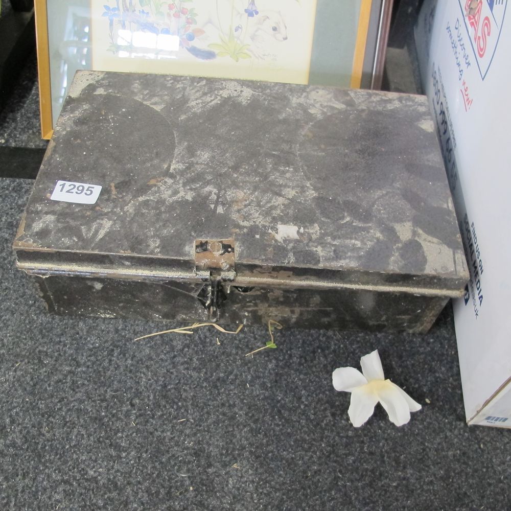 Lot 1295: a metal man drawer box with locking asp...