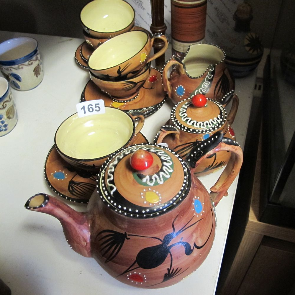 Lot 165: Hand painted teapot, 5 cups and saucers with...
