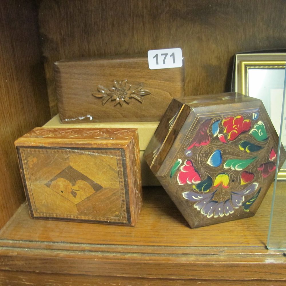 Lot 171: Three wooden boxes, one relief carved, one hand...