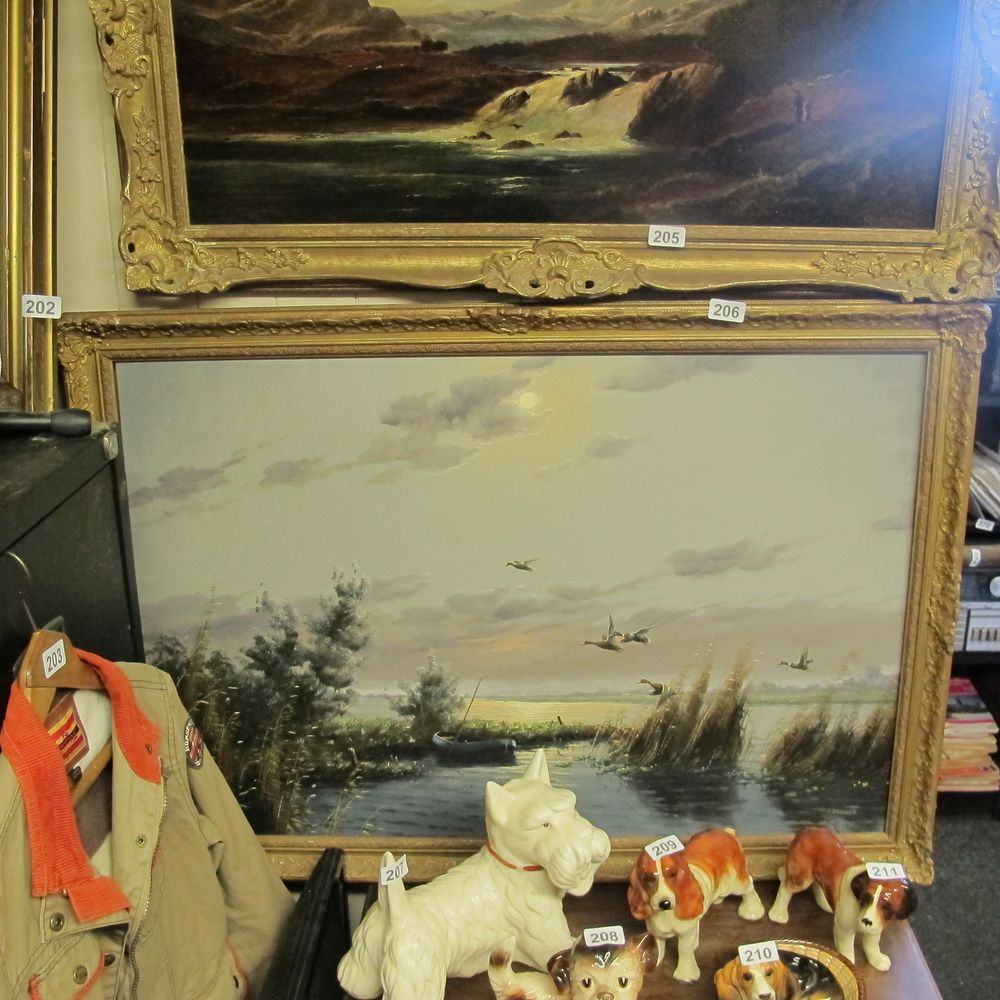 Lot 206: Gilt framed original waterscape of flying ducks by...