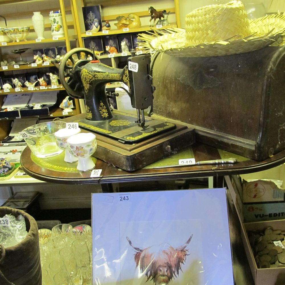 Lot 247: Green leather top drop leaf table 