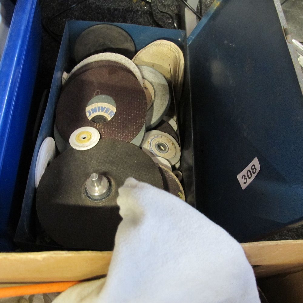 Lot 308: Box of sanding discs and angle grinder attachments...