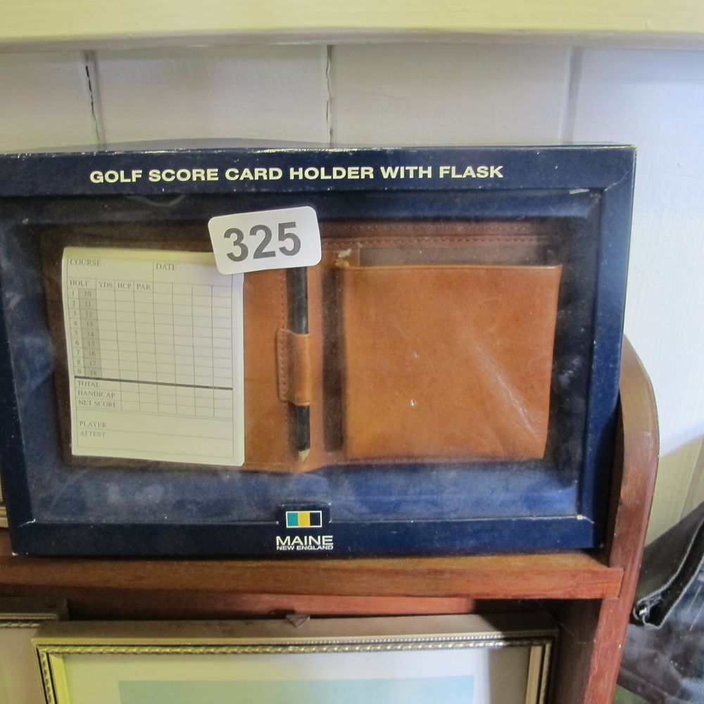 Lot 325: Boxed Maine golf score card holder with flask 
